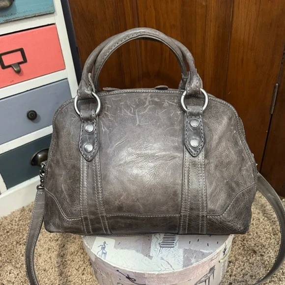 Frye Melissa Dome Satchel Gray Leather Crossbody Handbag - Picture 10 of 14